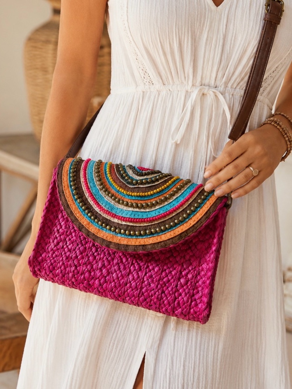 Sun N Sand Pink Woven Beaded Crossbody Clutch Boho Beach Bag Coastal Summer